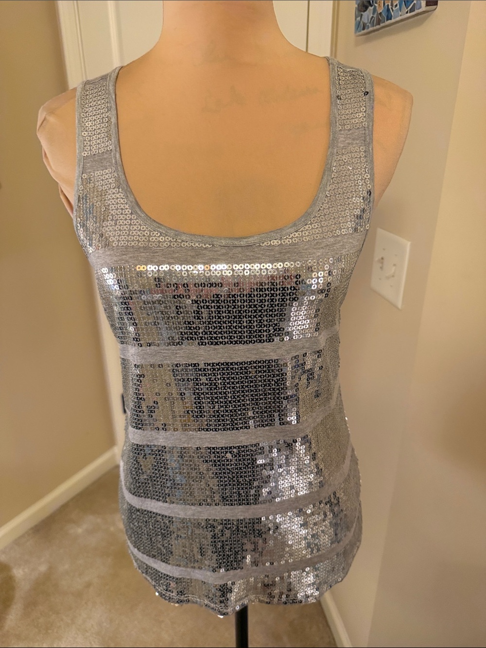 Silver Sequin Scoop Neck Tank Top